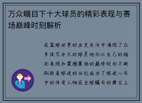 万众瞩目下十大球员的精彩表现与赛场巅峰时刻解析