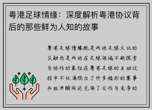 粤港足球情缘：深度解析粤港协议背后的那些鲜为人知的故事