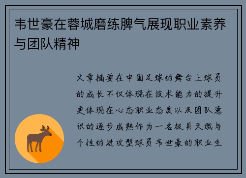韦世豪在蓉城磨练脾气展现职业素养与团队精神 韦世豪在蓉城磨练脾气展现职业素养与团队精神